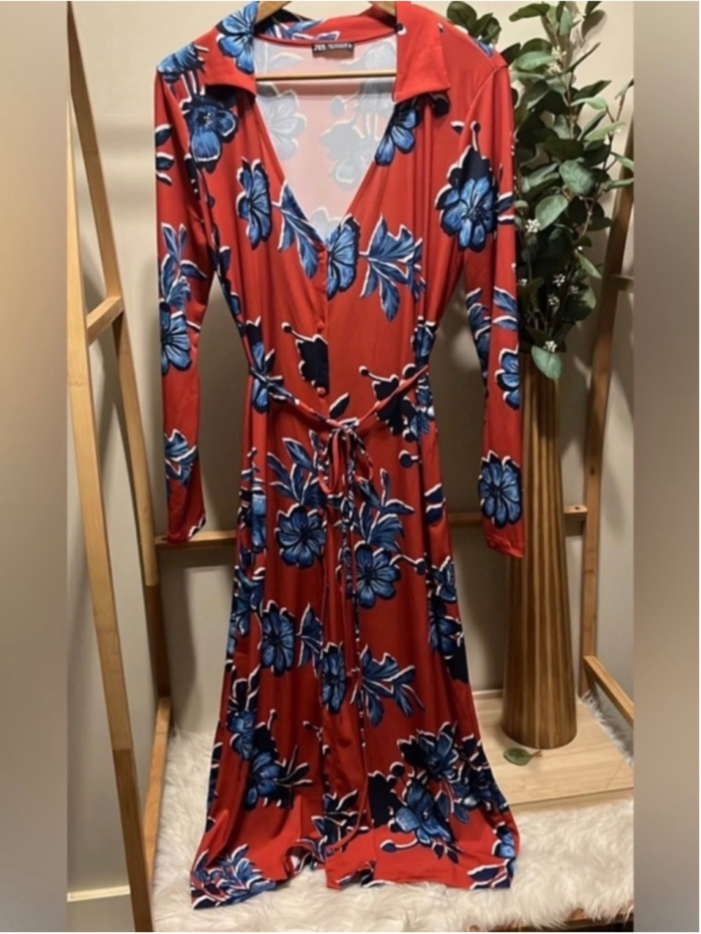 Zara Burnt Orange with Blue Floral Button Down Dress